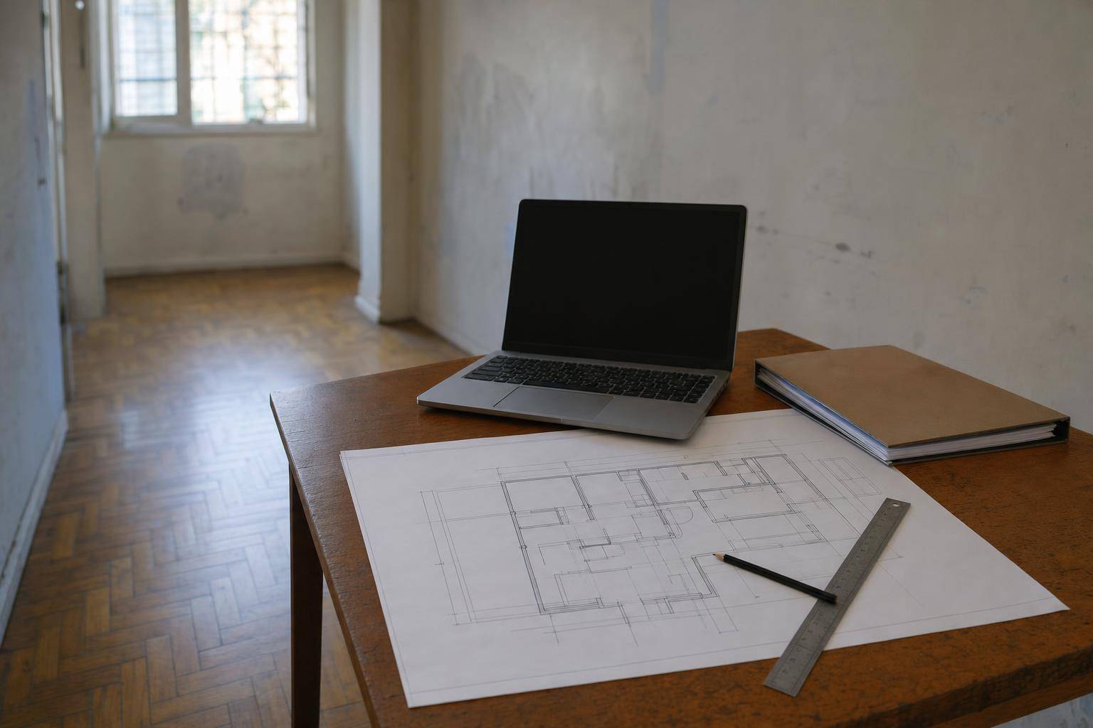 Plano de un departamento sobre una mesa antes de pedir el aviso de obra en CABA