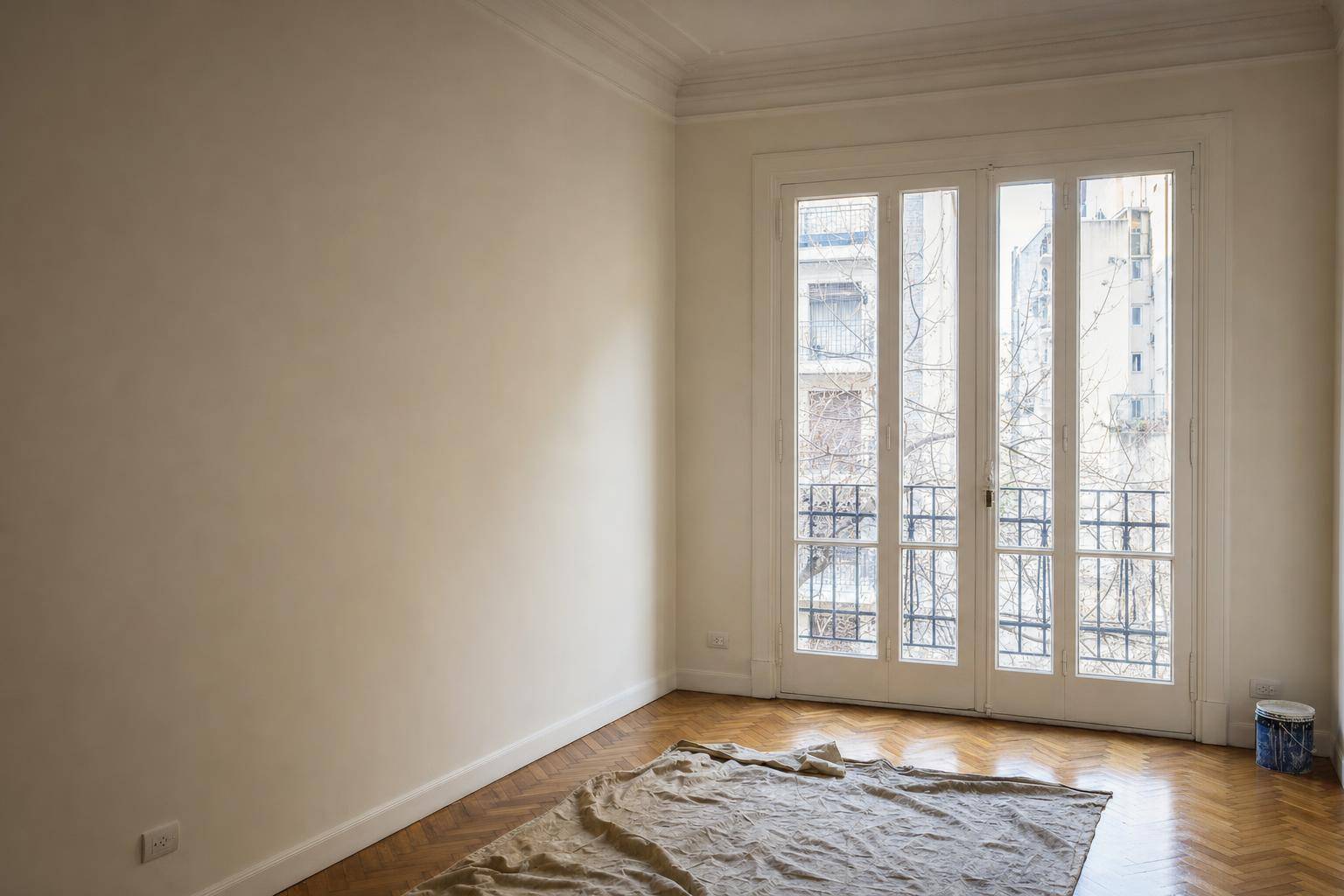 Living recién pintado con molduras y parquet, trabajo de pintura de departamentos en CABA