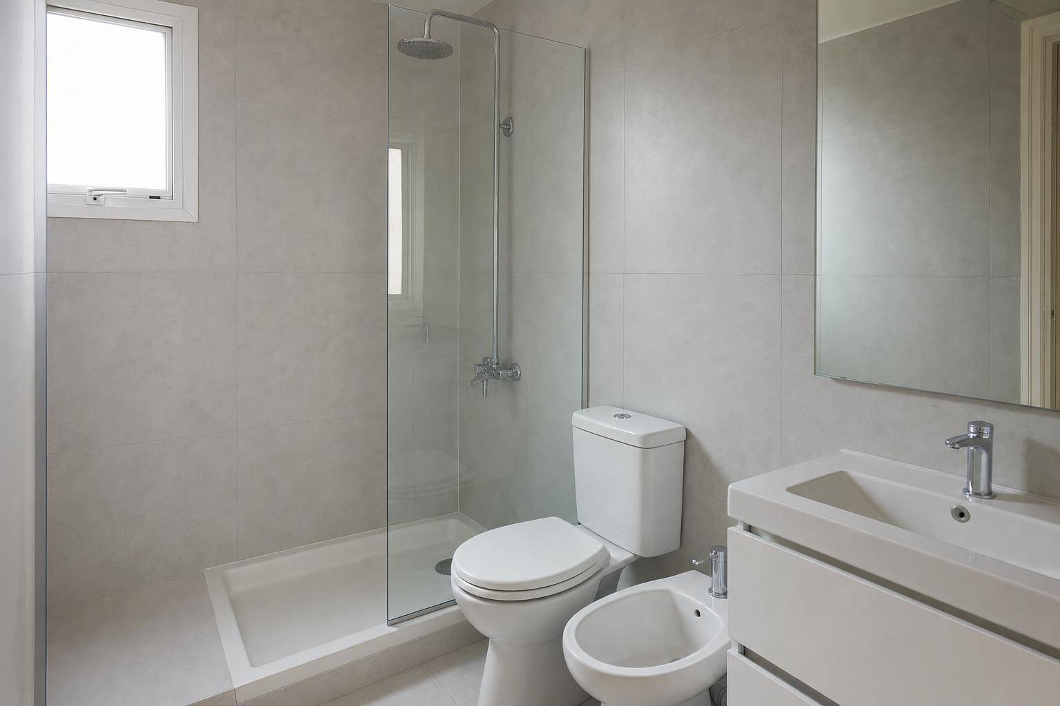 Baño con receptáculo y mampara tras la remodelación de baños en CABA